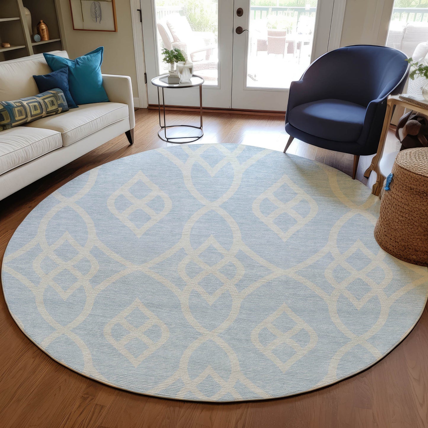 Tabselect Home Line 8' Sky Blue And Ivory Round Trellis Washable Indoor Outdoor Area Rug