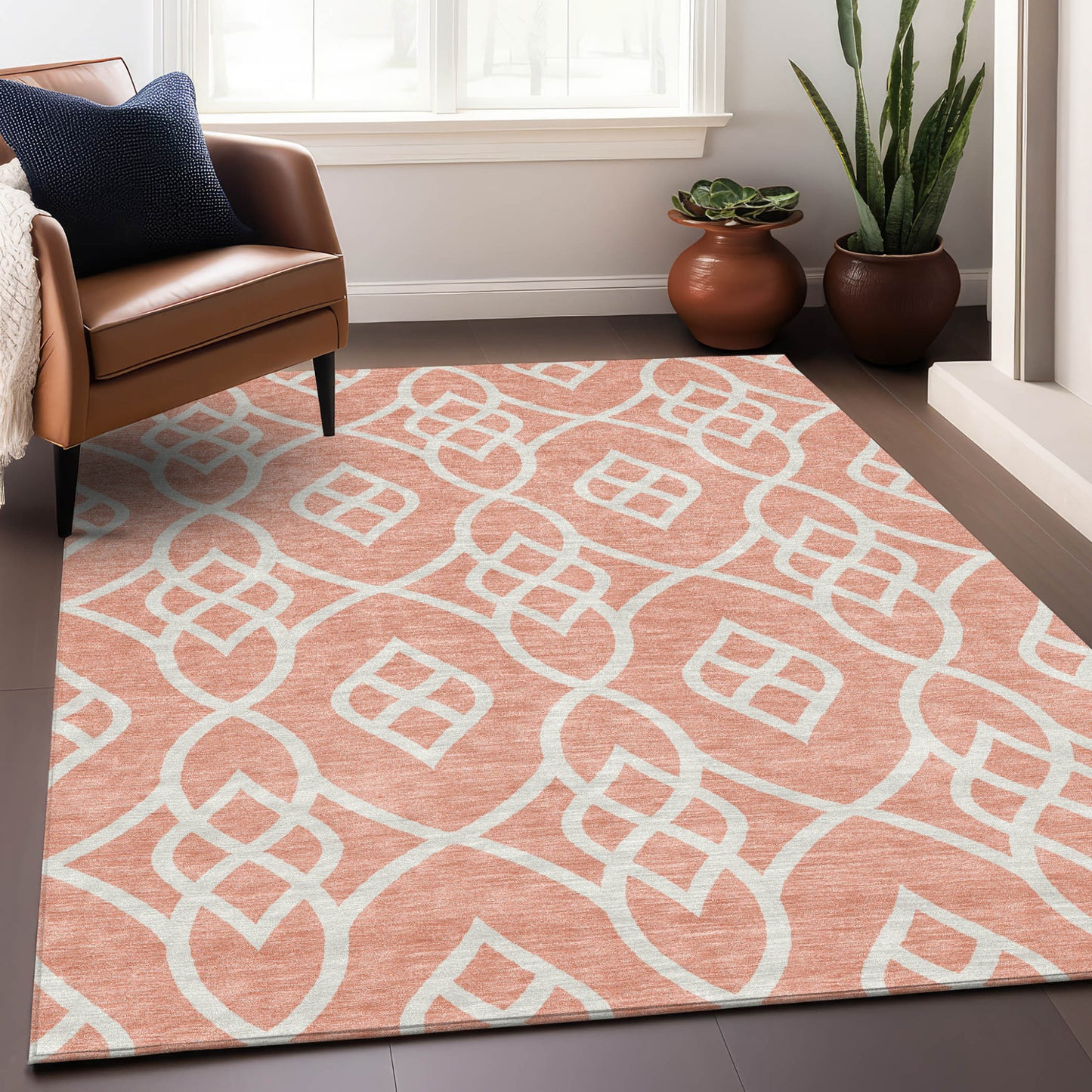 Tabselect Home Line 5' X 8' Salmon And Ivory Trellis Washable Indoor Outdoor Area Rug