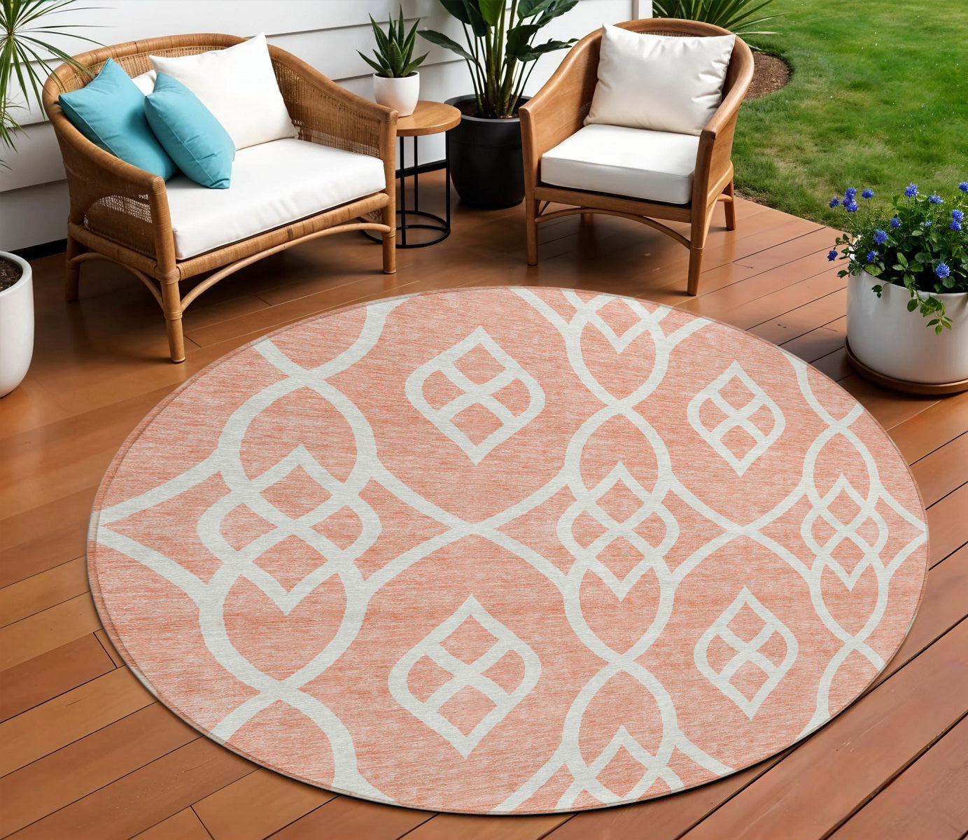 Tabselect Home Line 8' Salmon And Ivory Round Trellis Washable Indoor Outdoor Area Rug