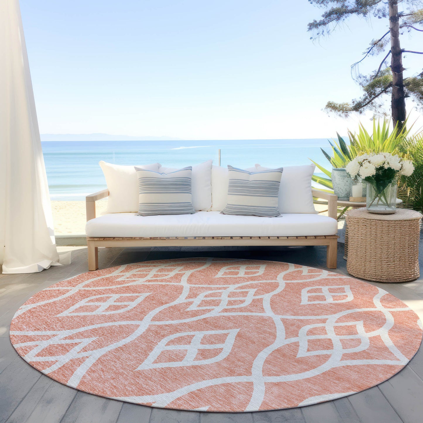 Tabselect Home Line 8' Salmon And Ivory Round Trellis Washable Indoor Outdoor Area Rug