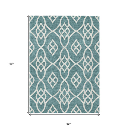 Tabselect Home Line 5' X 8' Teal Blue And Ivory Trellis Washable Indoor Outdoor Area Rug