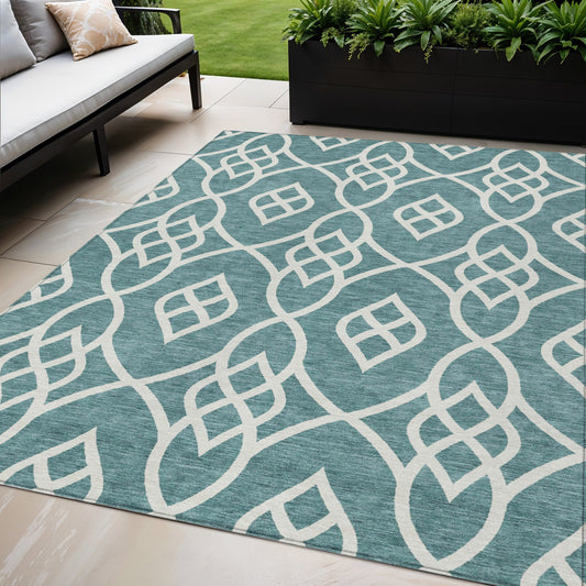Tabselect Home Line 5' X 8' Teal Blue And Ivory Trellis Washable Indoor Outdoor Area Rug