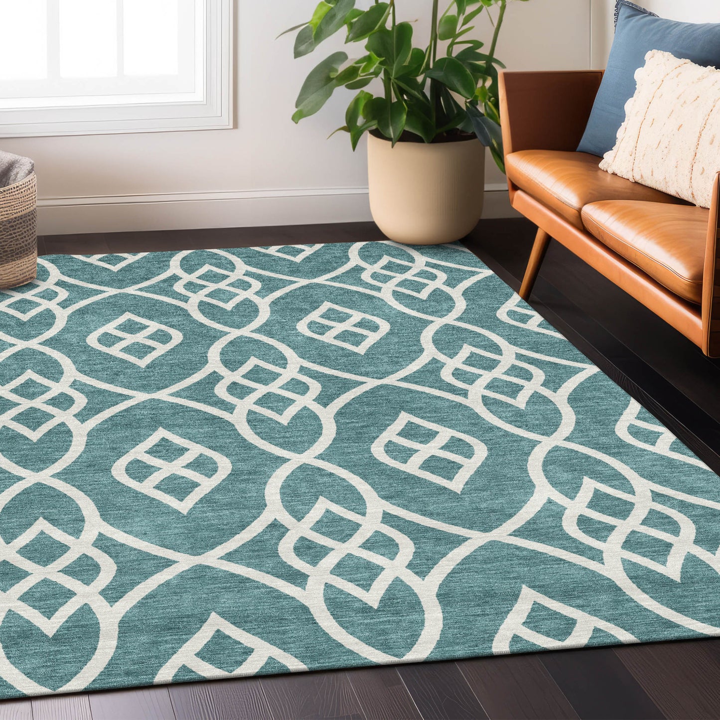 Tabselect Home Line 5' X 8' Teal Blue And Ivory Trellis Washable Indoor Outdoor Area Rug