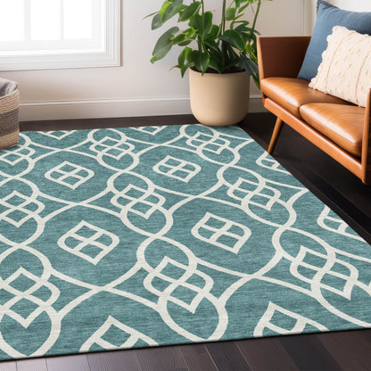 Tabselect Home Line 5' X 8' Teal Blue And Ivory Trellis Washable Indoor Outdoor Area Rug