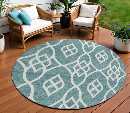 Tabselect Home Line 8' Teal Blue And Ivory Round Trellis Washable Indoor Outdoor Area Rug