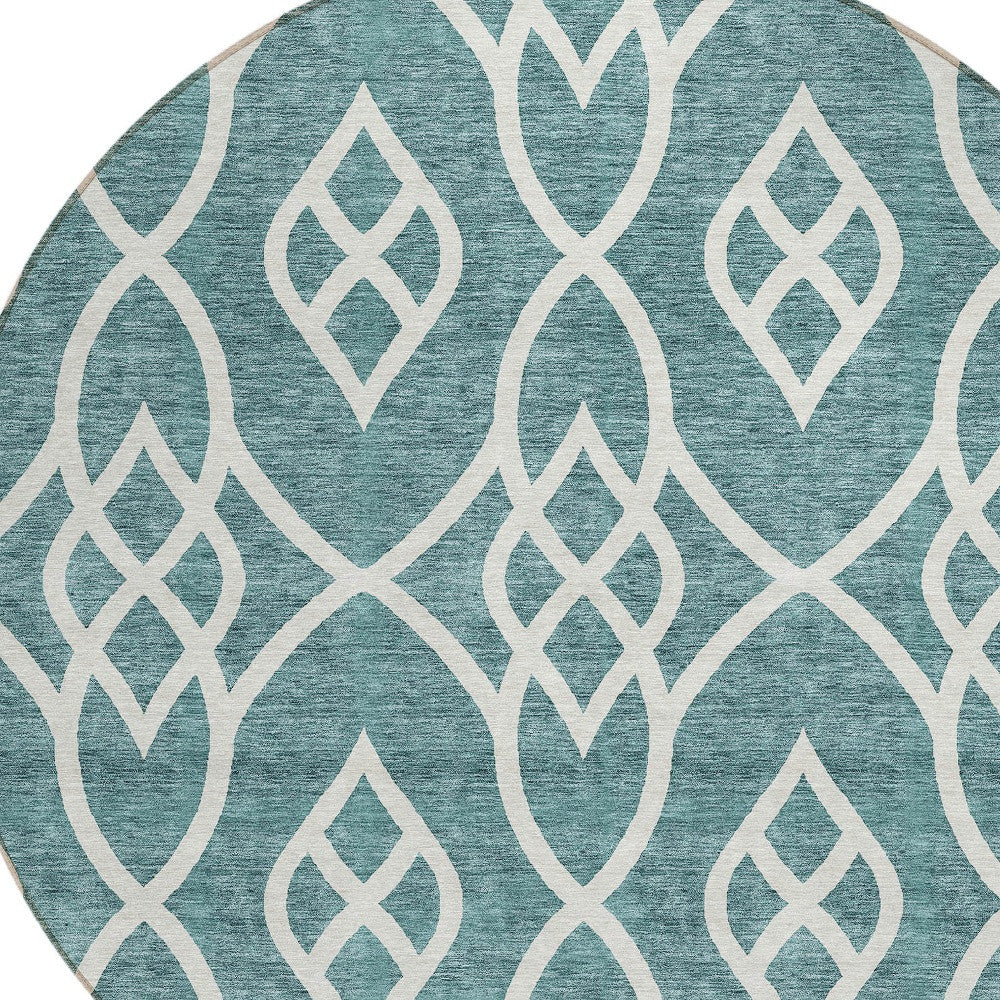 Tabselect Home Line 8' Teal Blue And Ivory Round Trellis Washable Indoor Outdoor Area Rug