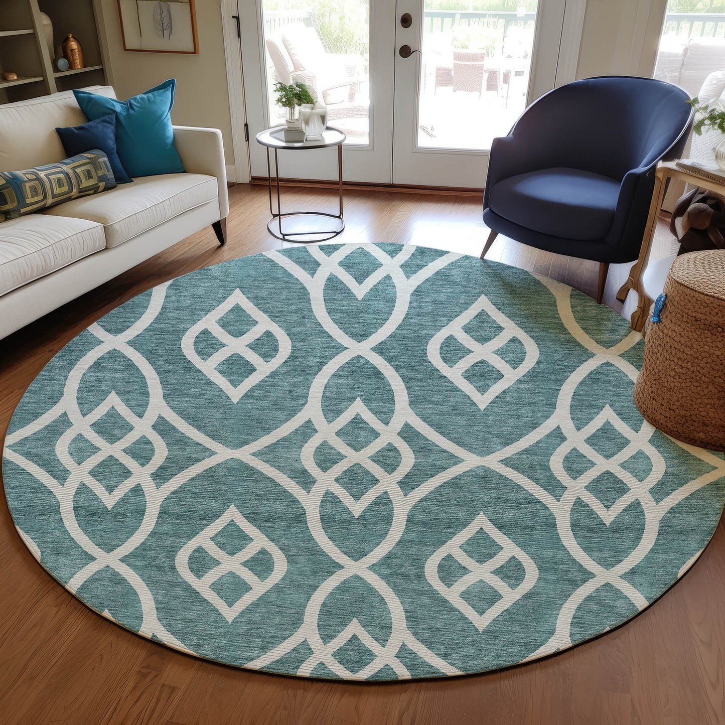 Tabselect Home Line 8' Teal Blue And Ivory Round Trellis Washable Indoor Outdoor Area Rug