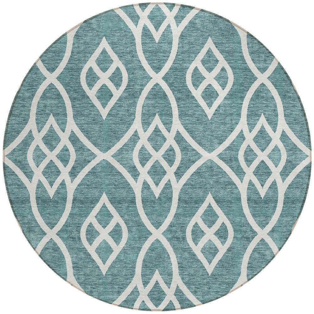 Tabselect Home Line 8' Teal Blue And Ivory Round Trellis Washable Indoor Outdoor Area Rug