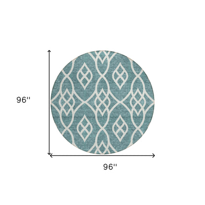 Tabselect Home Line 8' Teal Blue And Ivory Round Trellis Washable Indoor Outdoor Area Rug