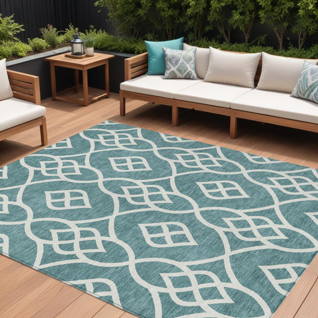 Tabselect Home Line 8' X 10' Teal Blue And Ivory Trellis Washable Indoor Outdoor Area Rug