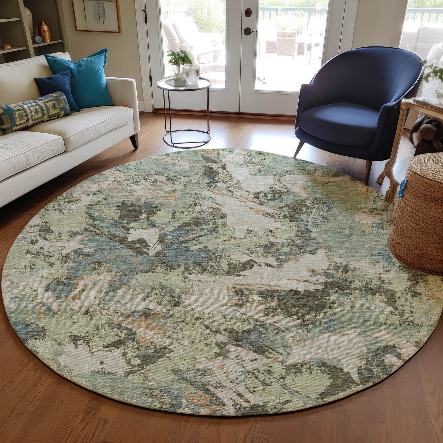 Tabselect Home Line 8' Beige Brown And Green Round Floral Washable Indoor Outdoor Area Rug