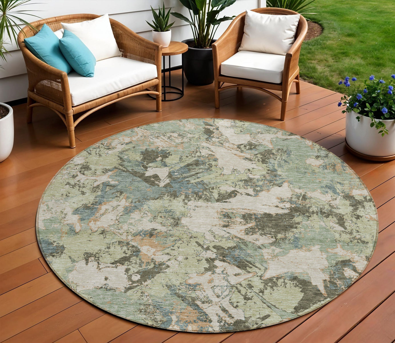 Tabselect Home Line 8' Beige Brown And Green Round Floral Washable Indoor Outdoor Area Rug