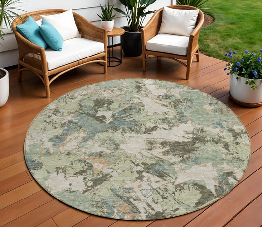 Tabselect Home Line 8' Beige Brown And Green Round Floral Washable Indoor Outdoor Area Rug