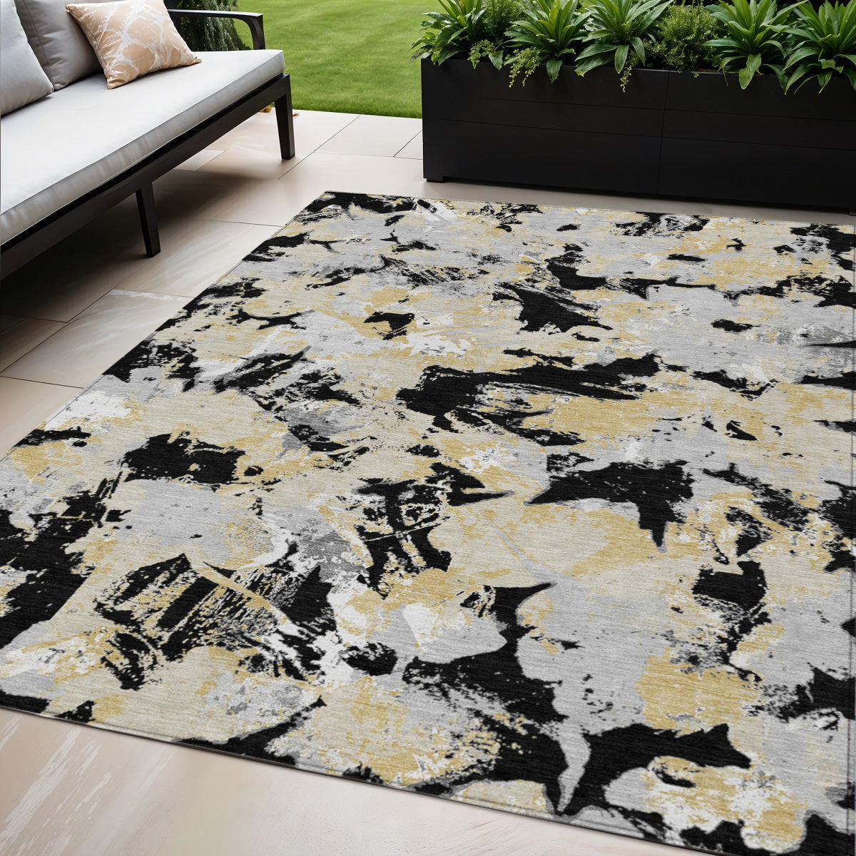 Tabselect Home Line 5' X 8' Black Gray And Light Brown Floral Washable Indoor Outdoor Area Rug