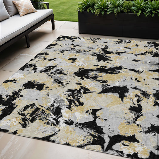 Tabselect Home Line 5' X 8' Black Gray And Light Brown Floral Washable Indoor Outdoor Area Rug
