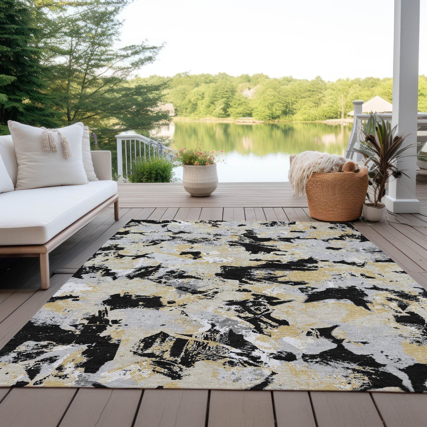 Tabselect Home Line 5' X 8' Black Gray And Light Brown Floral Washable Indoor Outdoor Area Rug