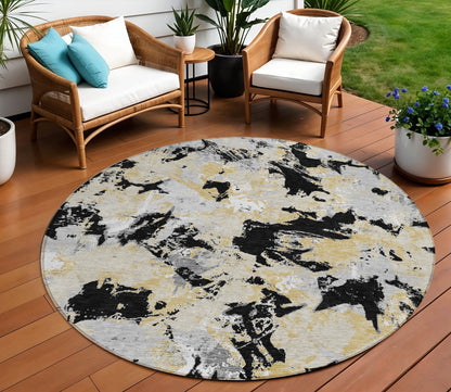 Tabselect Home Line 8' Black Gray And Light Brown Round Floral Washable Indoor Outdoor Area Rug