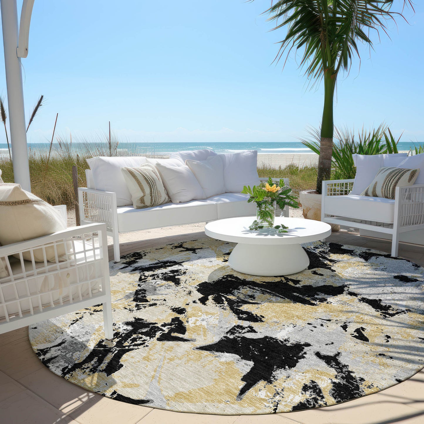 Tabselect Home Line 8' Black Gray And Light Brown Round Floral Washable Indoor Outdoor Area Rug