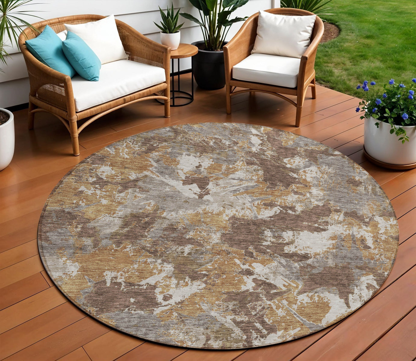 Tabselect Home Line 8' Brown Beige And Gray Round Floral Washable Indoor Outdoor Area Rug