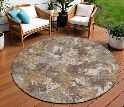 Tabselect Home Line 8' Brown Beige And Gray Round Floral Washable Indoor Outdoor Area Rug