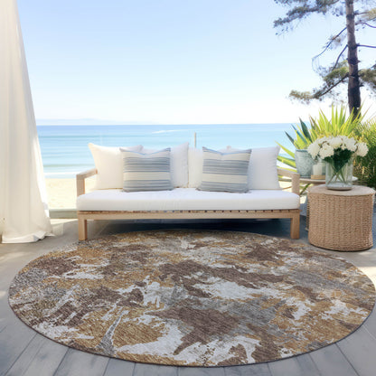 Tabselect Home Line 8' Brown Beige And Gray Round Floral Washable Indoor Outdoor Area Rug