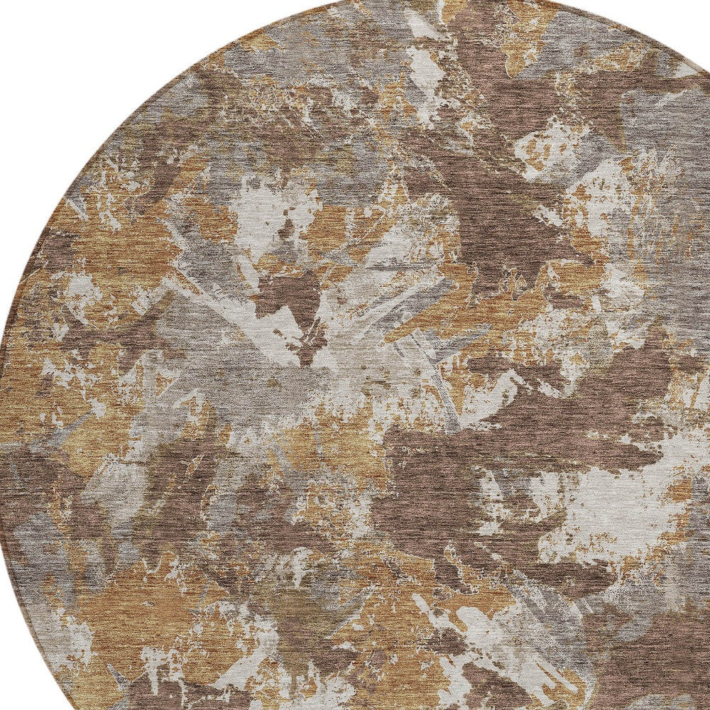 Tabselect Home Line 8' Brown Beige And Gray Round Floral Washable Indoor Outdoor Area Rug