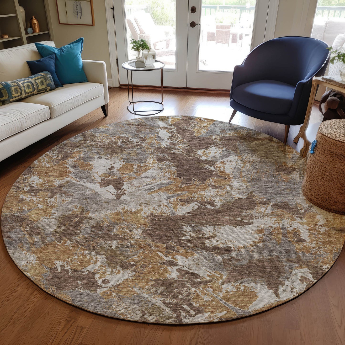 Tabselect Home Line 8' Brown Beige And Gray Round Floral Washable Indoor Outdoor Area Rug