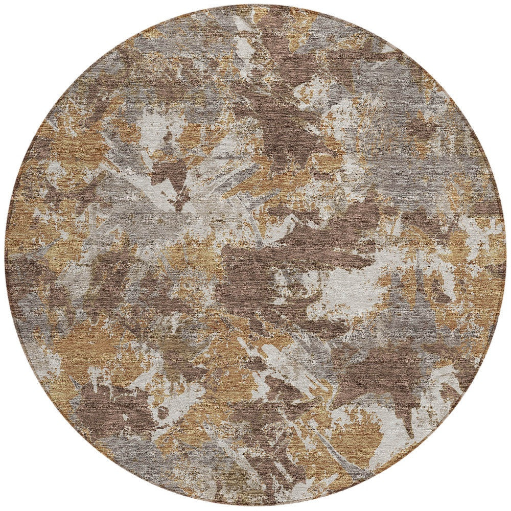 Tabselect Home Line 8' Brown Beige And Gray Round Floral Washable Indoor Outdoor Area Rug