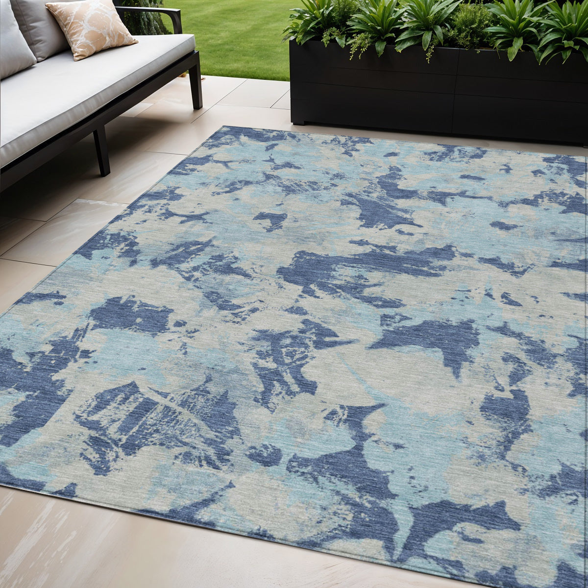 Tabselect Home Line 5' X 8' Navy Blue Gray And Aqua Floral Washable Indoor Outdoor Area Rug