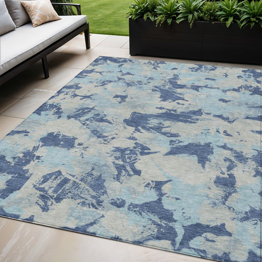 Tabselect Home Line 5' X 8' Navy Blue Gray And Aqua Floral Washable Indoor Outdoor Area Rug