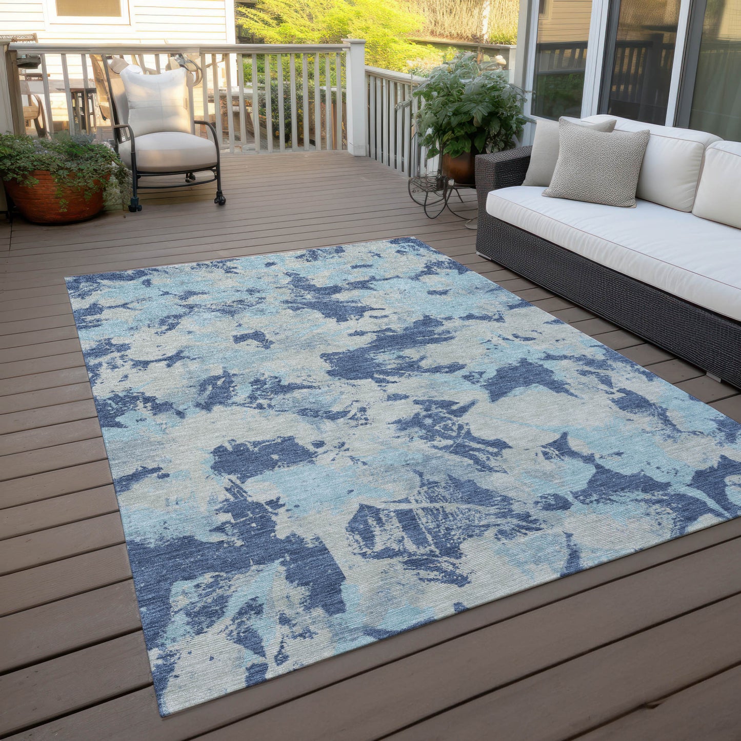 Tabselect Home Line 5' X 8' Navy Blue Gray And Aqua Floral Washable Indoor Outdoor Area Rug