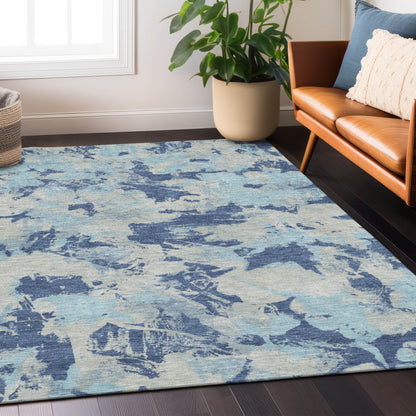 Tabselect Home Line 5' X 8' Navy Blue Gray And Aqua Floral Washable Indoor Outdoor Area Rug