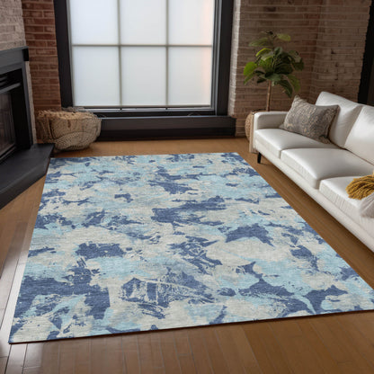 Tabselect Home Line 5' X 8' Navy Blue Gray And Aqua Floral Washable Indoor Outdoor Area Rug