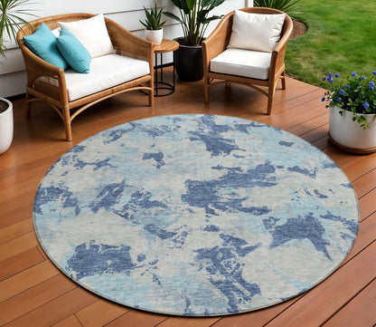 Tabselect Home Line 8' Navy Blue Gray And Aqua Round Floral Washable Indoor Outdoor Area Rug