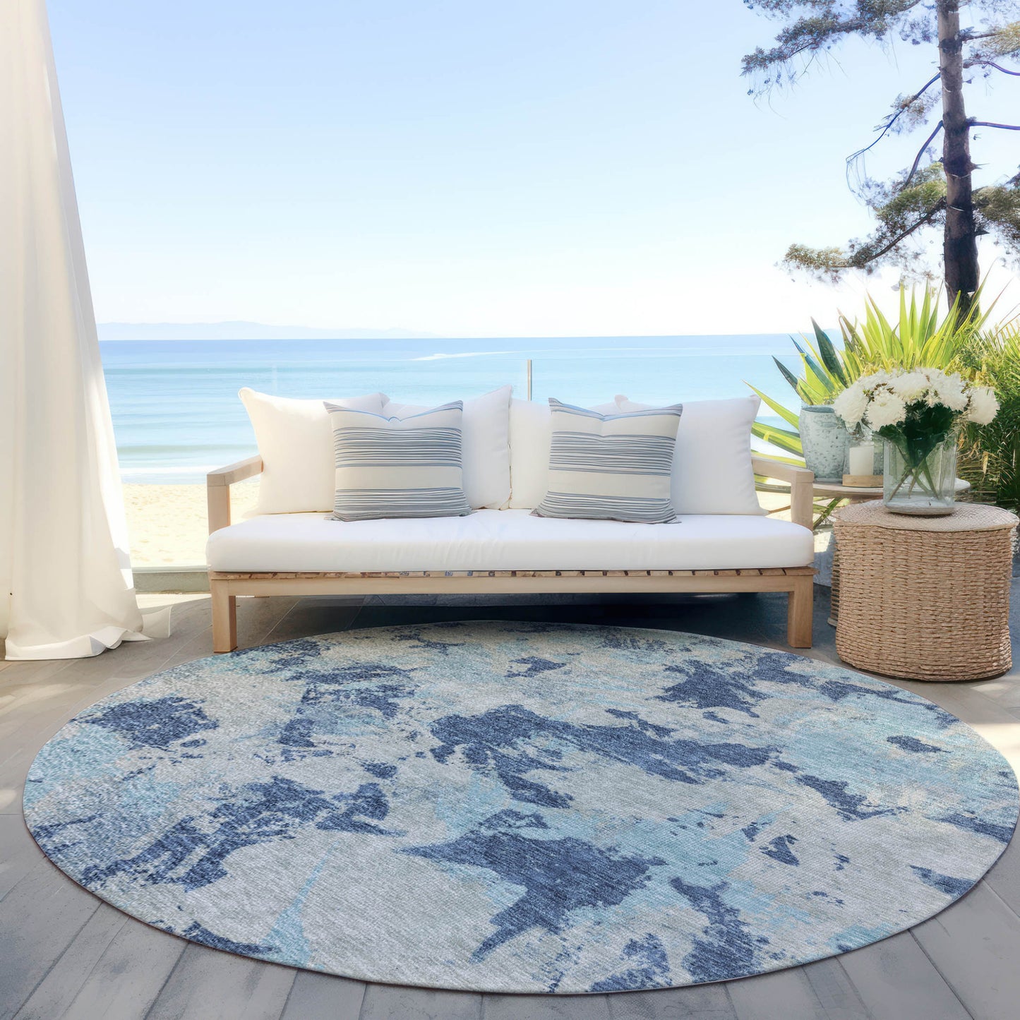 Tabselect Home Line 8' Navy Blue Gray And Aqua Round Floral Washable Indoor Outdoor Area Rug