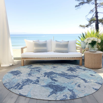 Tabselect Home Line 8' Navy Blue Gray And Aqua Round Floral Washable Indoor Outdoor Area Rug