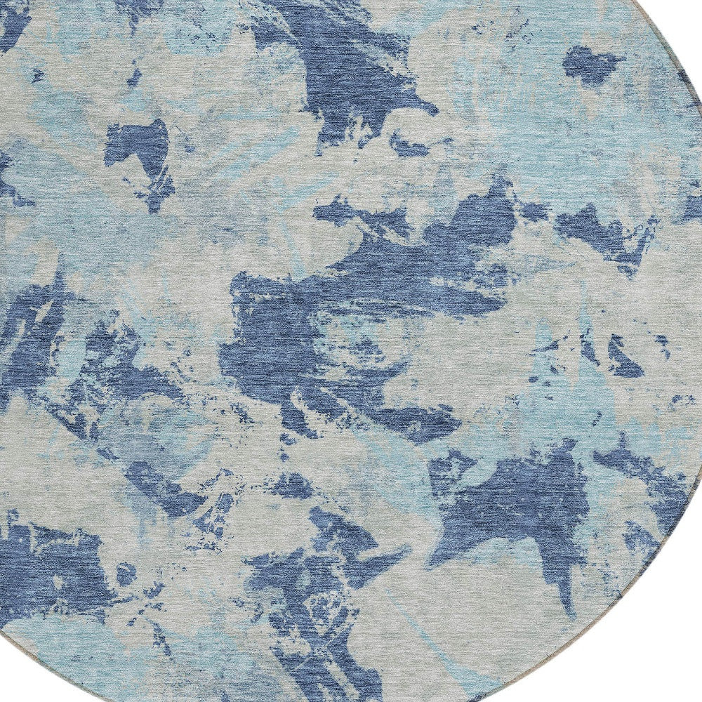 Tabselect Home Line 8' Navy Blue Gray And Aqua Round Floral Washable Indoor Outdoor Area Rug