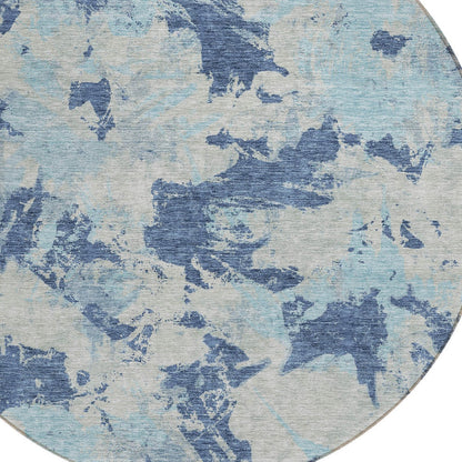 Tabselect Home Line 8' Navy Blue Gray And Aqua Round Floral Washable Indoor Outdoor Area Rug