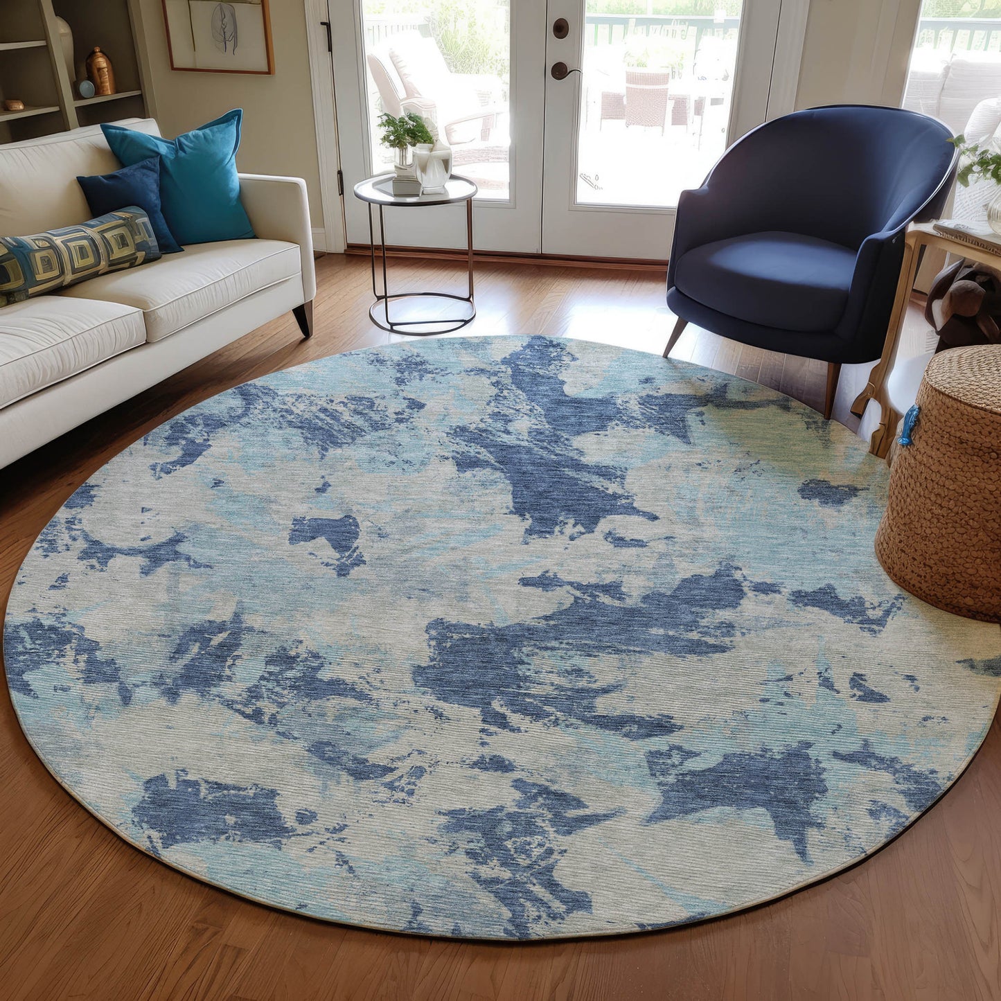 Tabselect Home Line 8' Navy Blue Gray And Aqua Round Floral Washable Indoor Outdoor Area Rug
