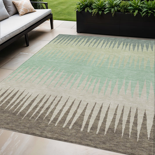 Tabselect Home Line 5' X 8' Artichoke Green Beige And Brown Striped Washable Indoor Outdoor Area Rug