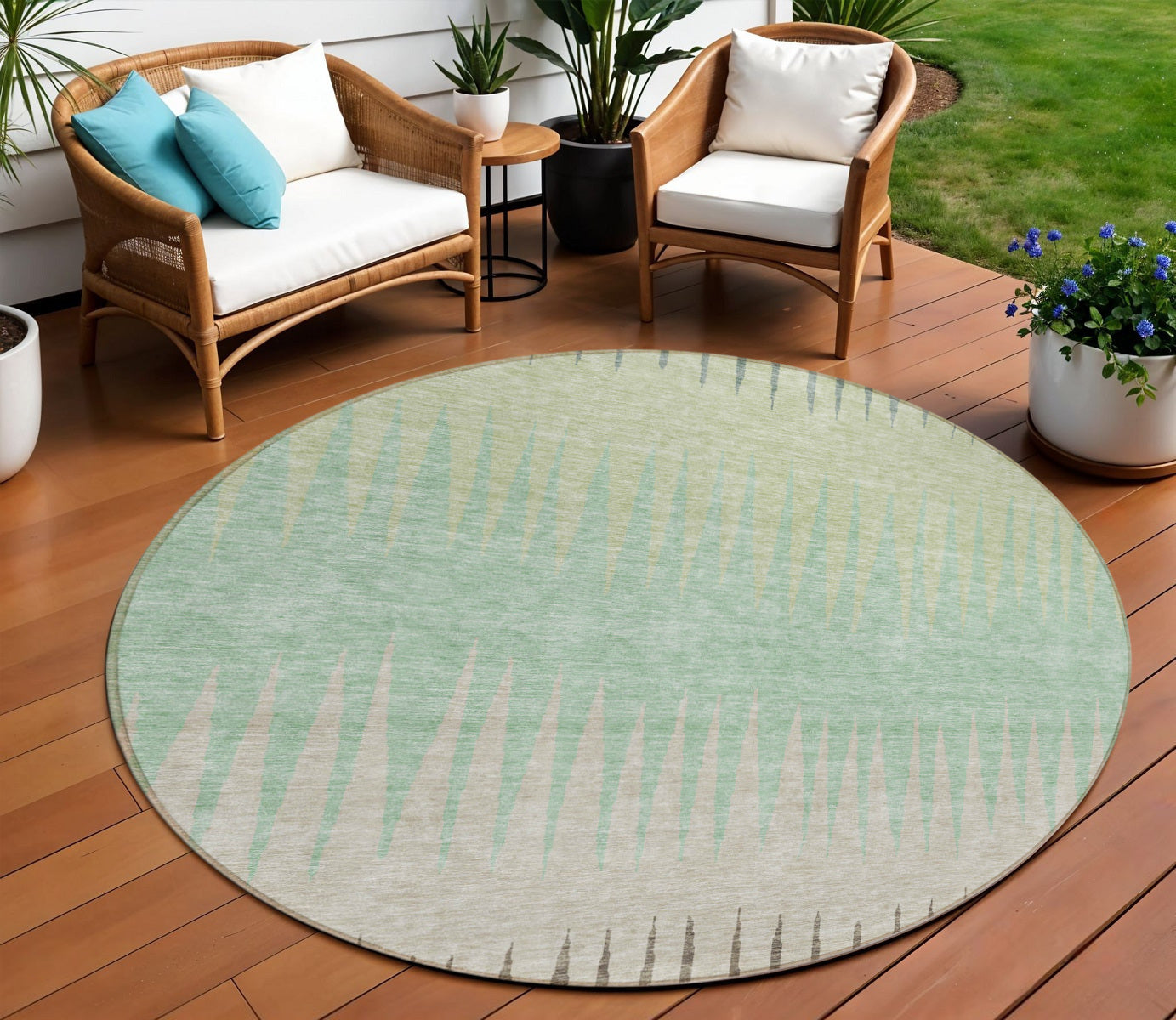 Tabselect Home Line 8' Artichoke Green And Beige Round Striped Washable Indoor Outdoor Area Rug