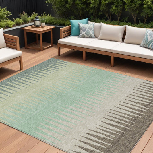 Tabselect Home Line 8' X 10' Artichoke Green Beige And Brown Striped Washable Indoor Outdoor Area Rug