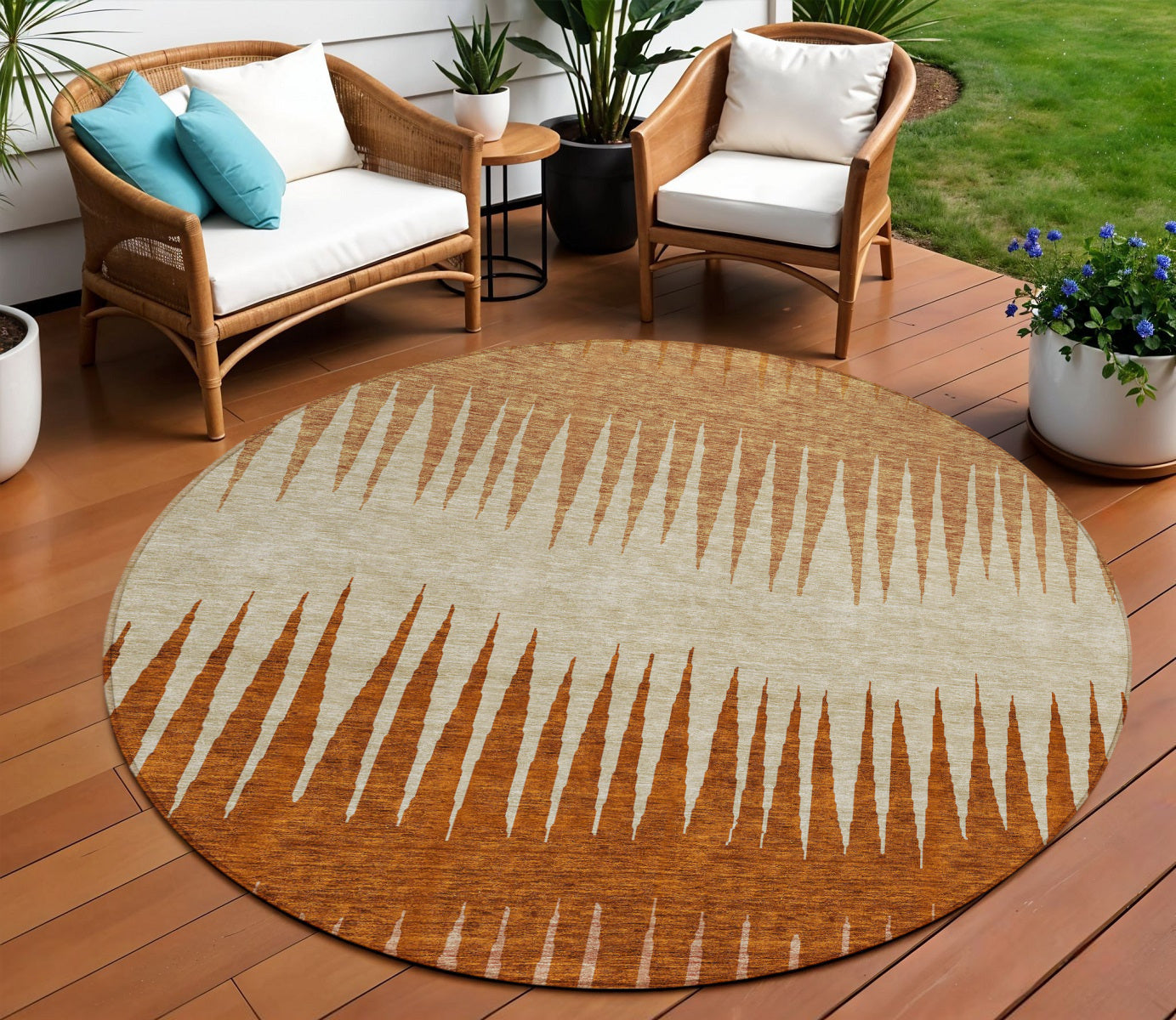 Tabselect Home Line 8' Copper Brown And Beige Round Striped Washable Indoor Outdoor Area Rug