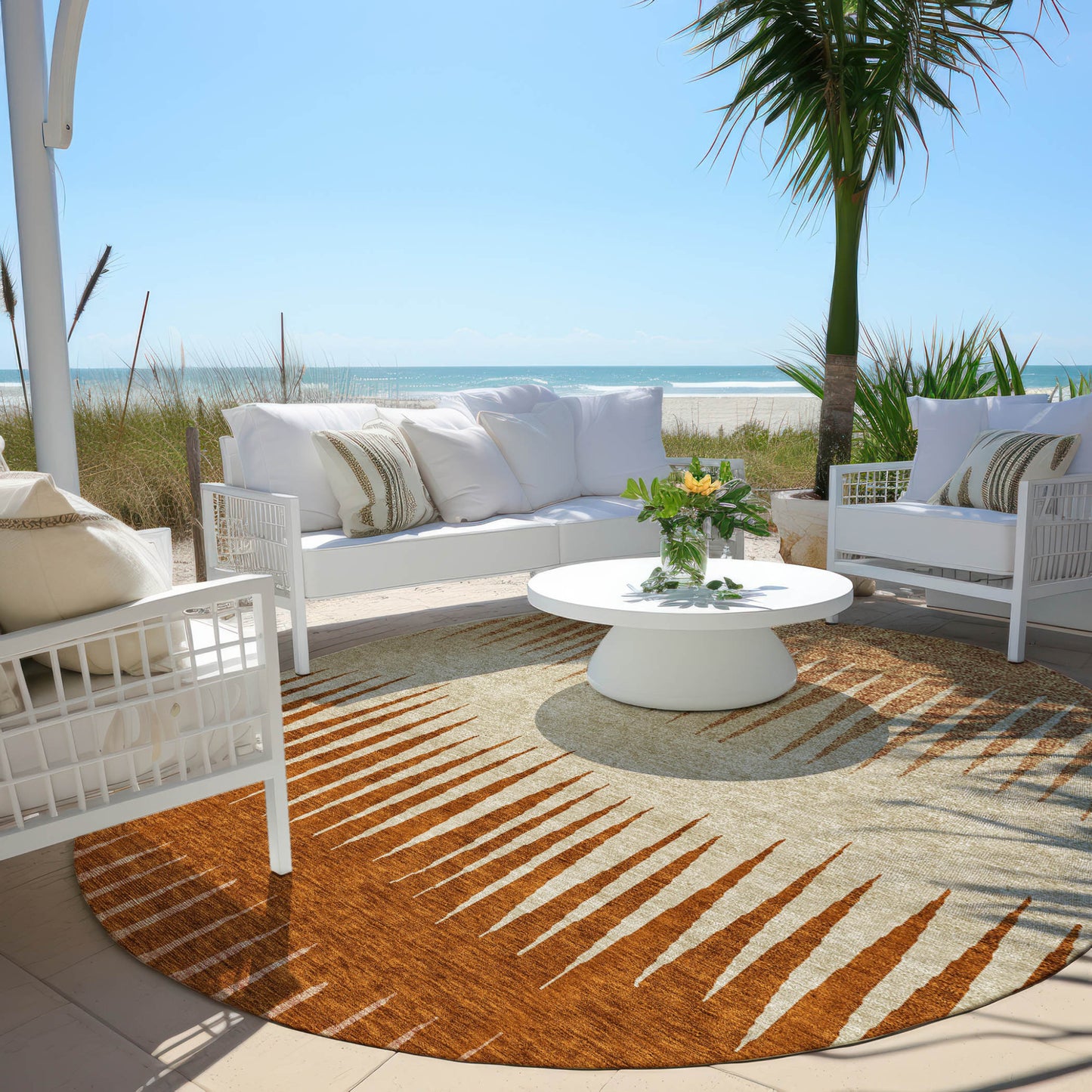 Tabselect Home Line 8' Copper Brown And Beige Round Striped Washable Indoor Outdoor Area Rug