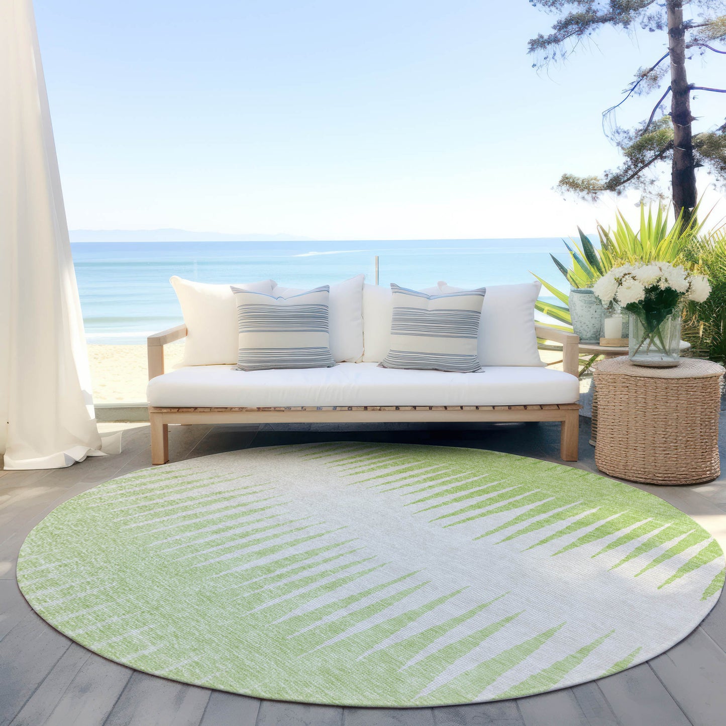 Tabselect Home Line 8' Lime Green And Ivory Round Striped Washable Indoor Outdoor Area Rug