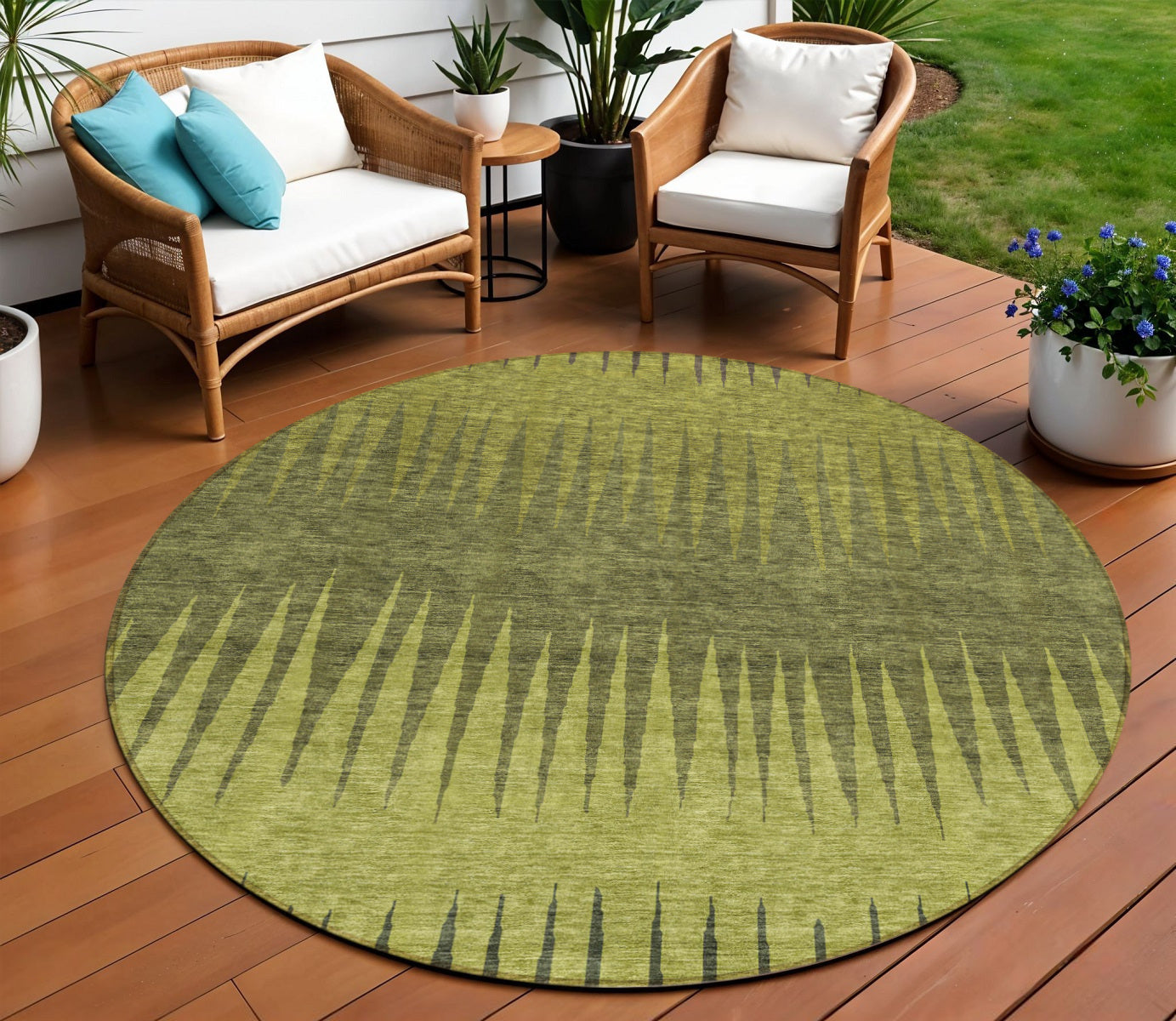 Tabselect Home Line 8' Olive Green And Dark Green Round Striped Washable Indoor Outdoor Area Rug