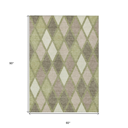 Tabselect Home Line 5' X 8' Artichoke Green Beige And Ivory Geometric Washable Indoor Outdoor Area Rug