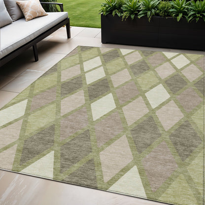 Tabselect Home Line 5' X 8' Artichoke Green Beige And Ivory Geometric Washable Indoor Outdoor Area Rug