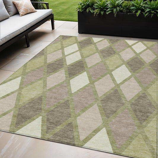 Tabselect Home Line 5' X 8' Artichoke Green Beige And Ivory Geometric Washable Indoor Outdoor Area Rug