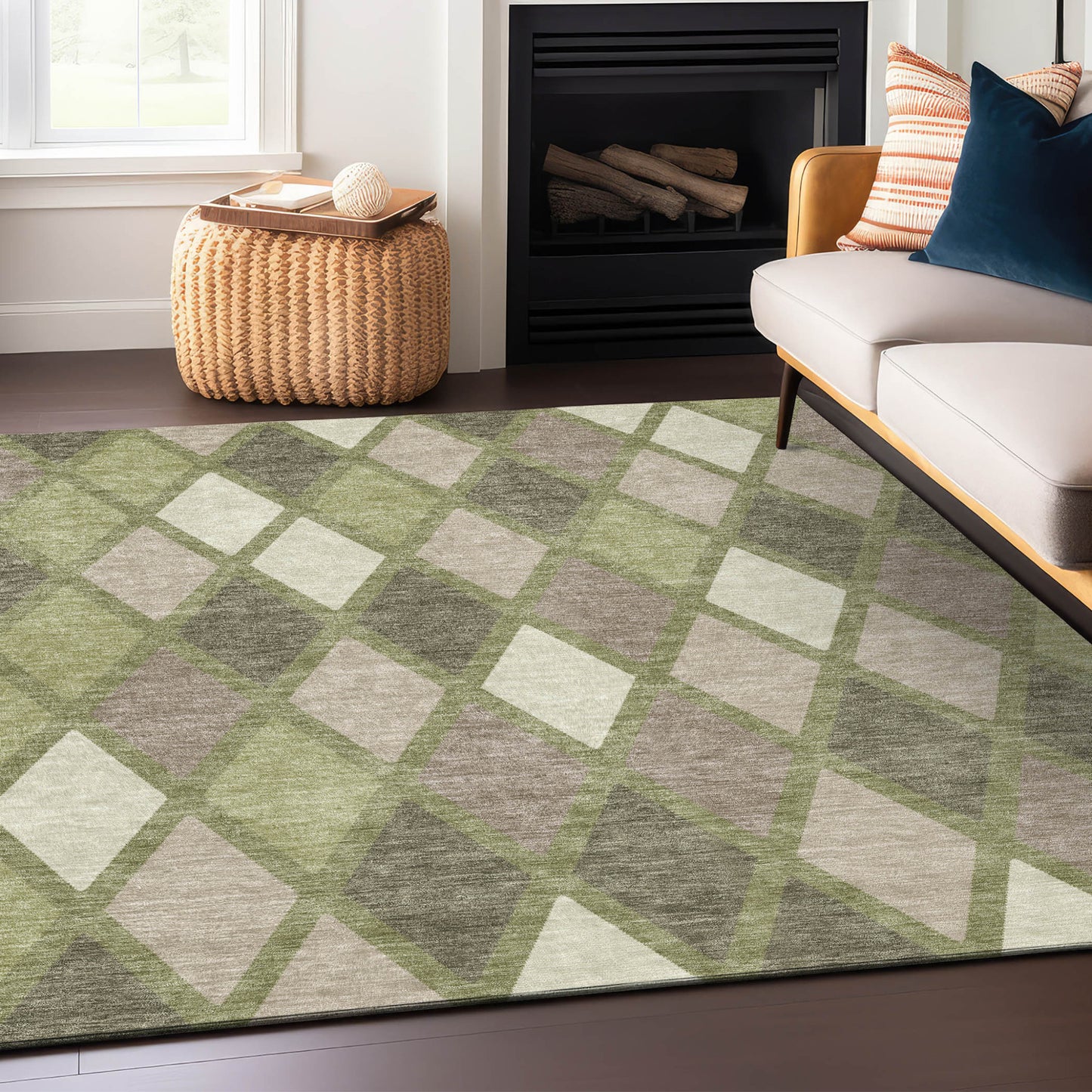 Tabselect Home Line 5' X 8' Artichoke Green Beige And Ivory Geometric Washable Indoor Outdoor Area Rug
